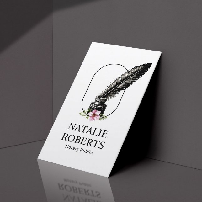 Notary Public Loan Signing Agent Floral Quill Logo Business Card (Creator Uploaded)