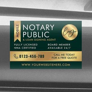 Notary Public Loan Signing Agent Green & Gold Logo Car Magnet