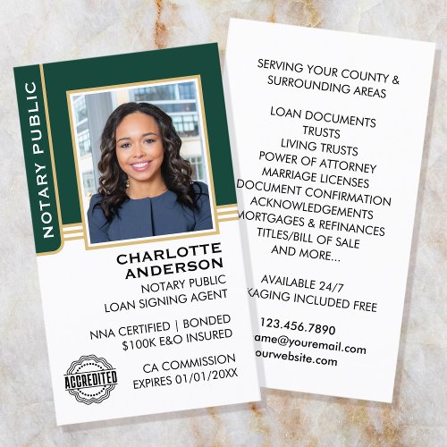 Notary Public Loan Signing Agent ID Green Gold Business Card