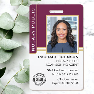 Notary Public Loan Signing Agent ID Plum Gold Badge