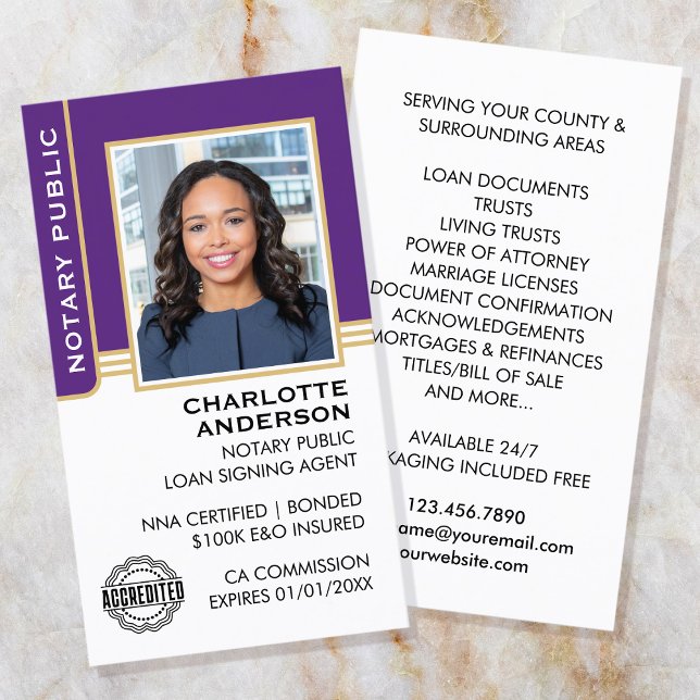 Notary Public Loan Signing Agent ID Purple Gold Business Card (Creator Uploaded)
