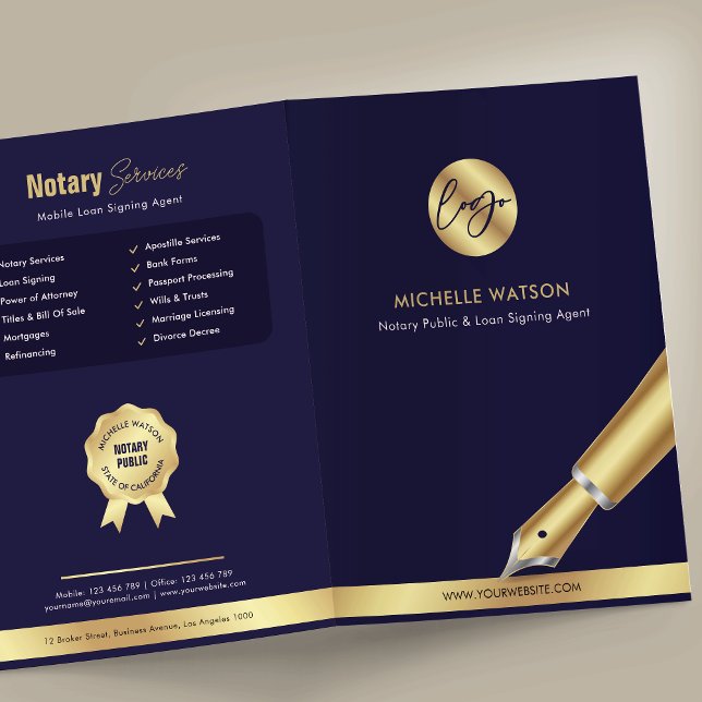 Notary Public Loan Signing Agent Navy & Gold Logo Pocket Folder (Modern notary public and loan signing agent personalized pocket folder in navy blue and gold)