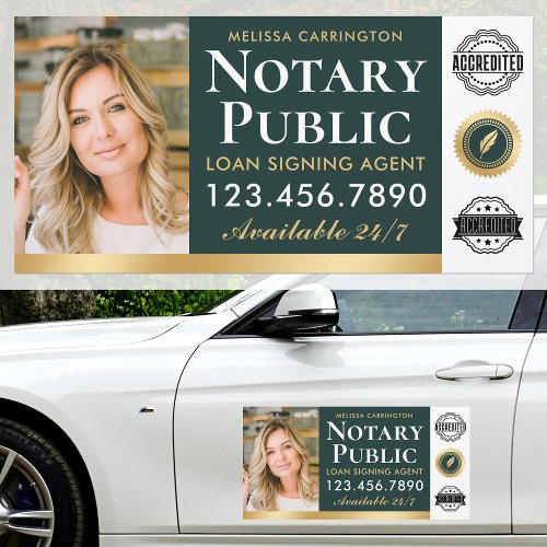 Notary Public Loan Signing Agent Photo Gold Green Car Magnet