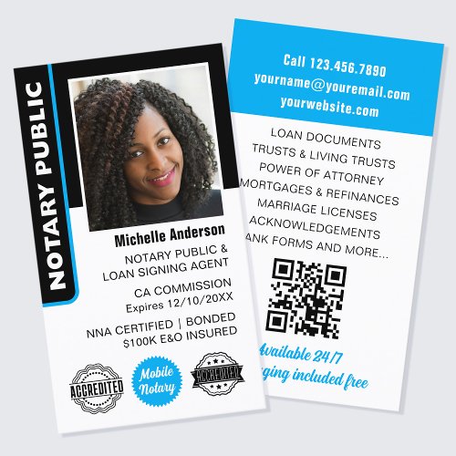 Notary Public Loan Signing Agent Photo ID Blue Business Card