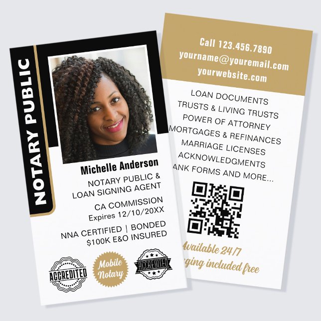 Notary Public Loan Signing Agent Photo ID Gold Business Card (Creator Uploaded)