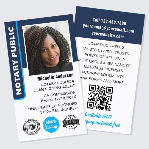 Notary Public Loan Signing Agent Photo ID Navy Business Card