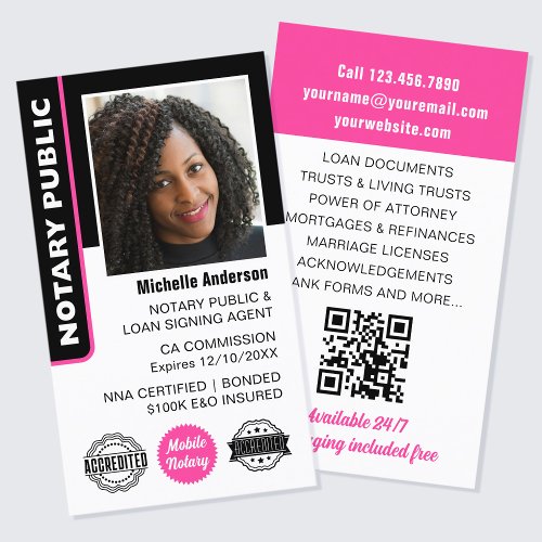 Notary Public Loan Signing Agent Photo ID Pink Business Card