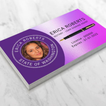 Notary Public Loan Signing Agent Purple Photo Business Card by cardfactory at Zazzle