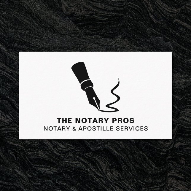 Notary Public Loan Signing Modern Fountain Pen Business Card (Modern fountain pen business card for a Notary. Shown on a dark background.)