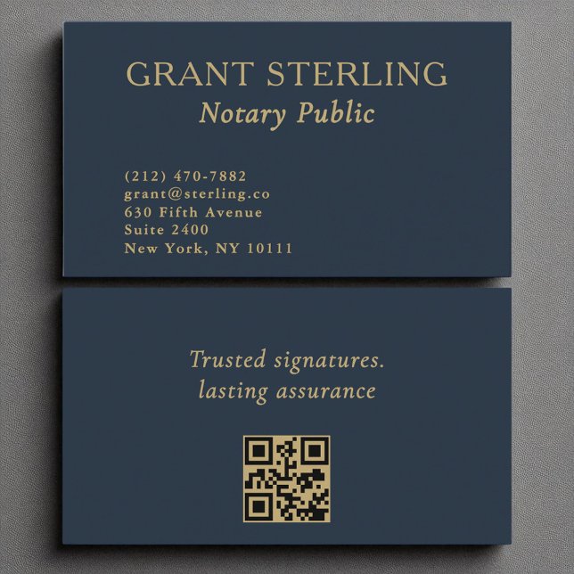 Notary Public Minimalist Navy Blue Gold QR Code  Business Card (Creator Uploaded)