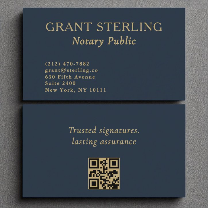 Notary Public Minimalist Navy Blue Gold QR Code Business Card