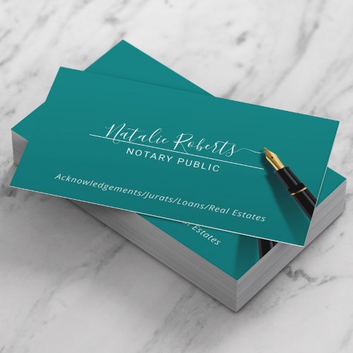 Notary Public Minimalist Script Elegant Teal Business Card