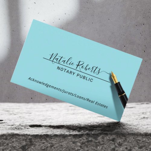 Notary Public Minimalist Script Signature Aqua Business Card