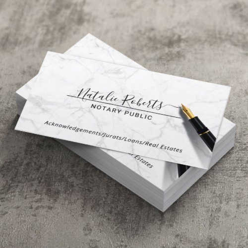 Notary Public Minimalist Signature White Marble Business Card