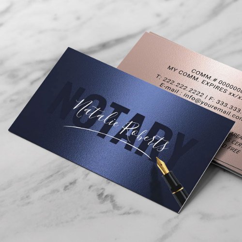 Notary Public Modern Signature Navy  Rose Gold Business Card