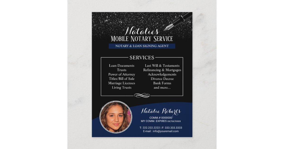 Notary Public Navy Blue Black Glitter Custom Photo Flyer