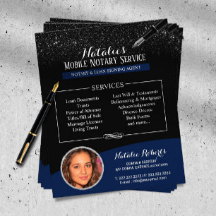 Notary Public Navy Blue Black Glitter Custom Photo Flyer