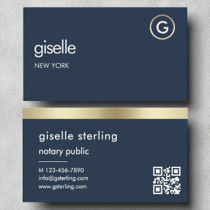 Notary Public Navy Blue QR Code Gold Monogram  Business Card