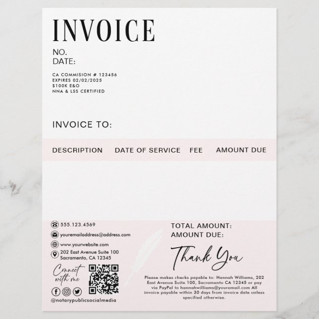 Notary Public Personalized Invoice  Letterhead (Front)