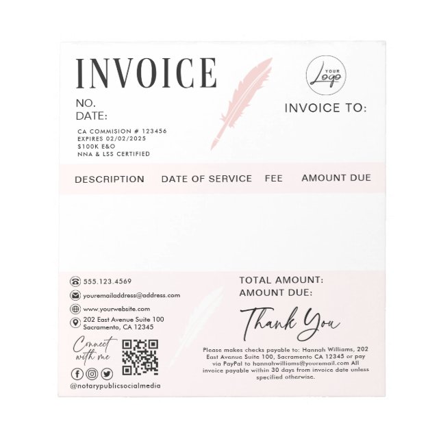 Notary Public Personalized Invoice Notepad (Front)