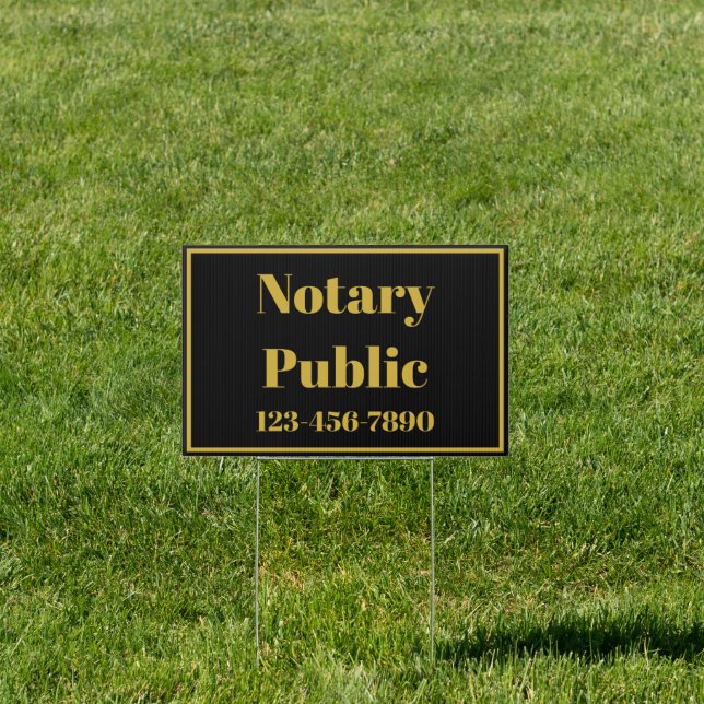 Notary Public Phone Number Black and Gold Sign (Insitu)