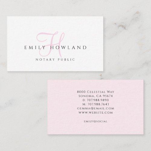 Notary Public Pink Script Monogram Name  Business Card