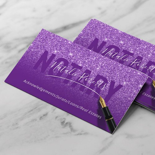 Notary Public Purple Glitter Elegant Signature Business Card