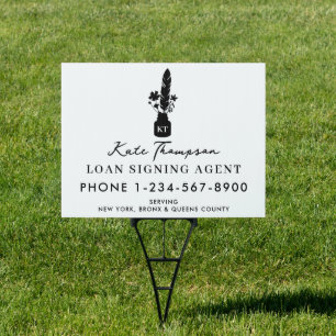 Notary Public Signing Agent Botanical Quill Logo Sign