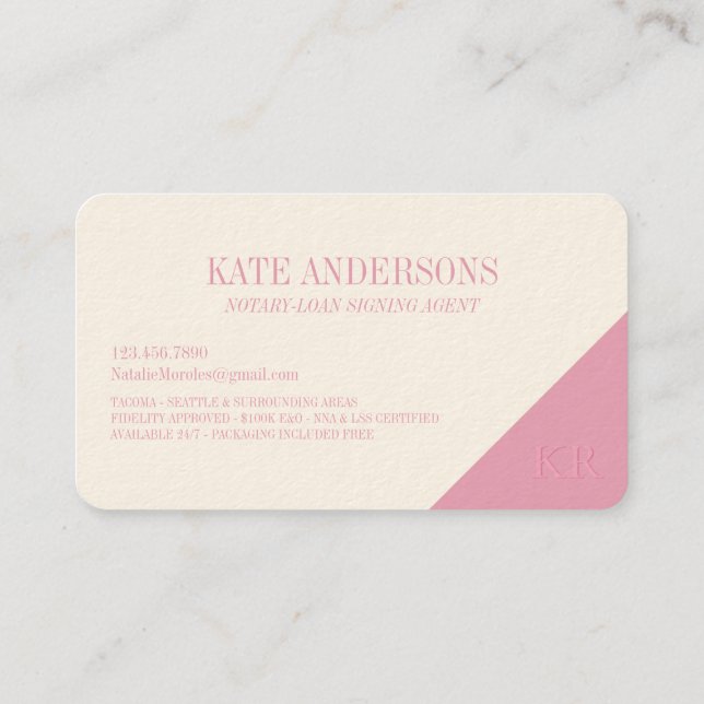 Notary Public Signing Agent Monogram Modern Pink Business Card (Back)