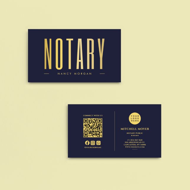 Notary Public Signing Agent Navy Gold Logo  Business Card (Creator Uploaded)