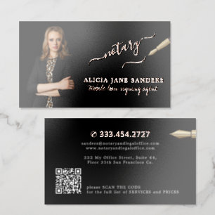 Notary public signing agent photo luxury rose gold foil spot gloss business cards