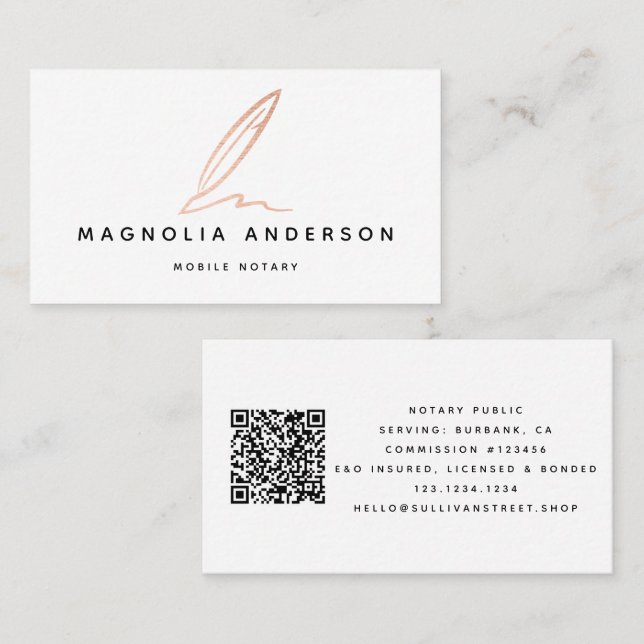 Notary Public Signing Agent Rose Gold Foil QR Code Business Card (Front/Back)
