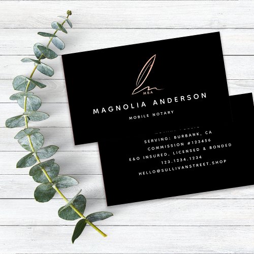 Notary Public Signing Agent Rose Gold Foil Quill Business Card