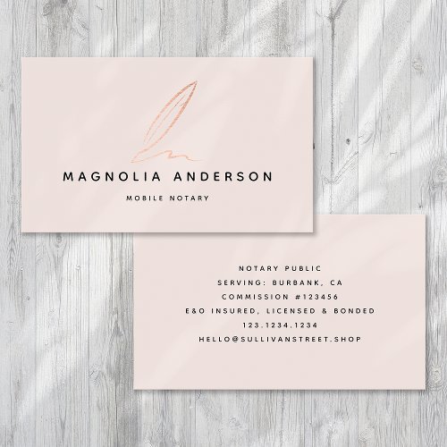 Notary Public Signing Agent Rose Gold Foil Quill Business Card
