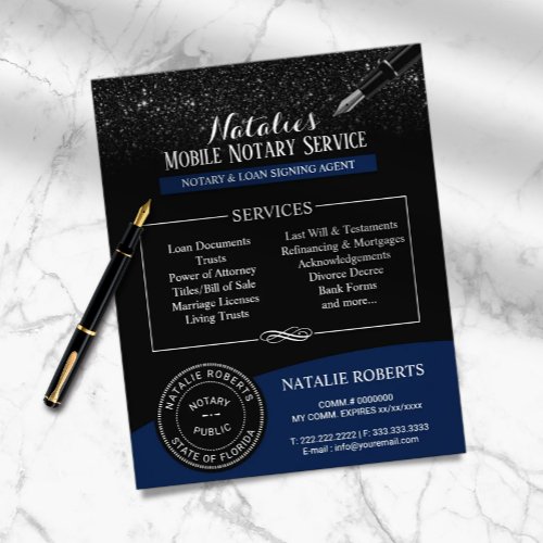 Notary Public Stamp Modern Navy Blue Black Glitter Flyer