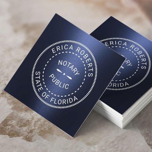 Notary Public Stamp Modern Navy Blue Metallic Square Business Card