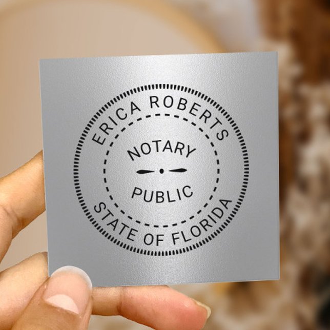 Notary Public Stamp Modern Silver Metallic Square Business Card (Creator Uploaded)