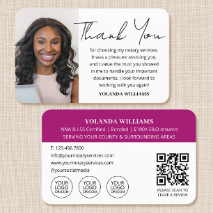 Notary Public Thank You Note Photo QR Code Pink Business Card