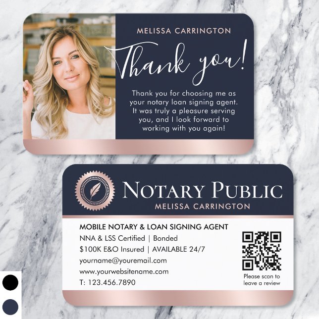 Notary Public Thank You Photo Rose Gold Navy Blue Business Card (Creator Uploaded)
