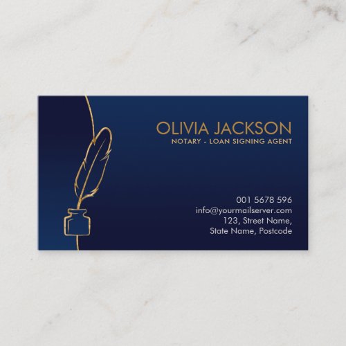 Notary quill pen ink blue and gold business card