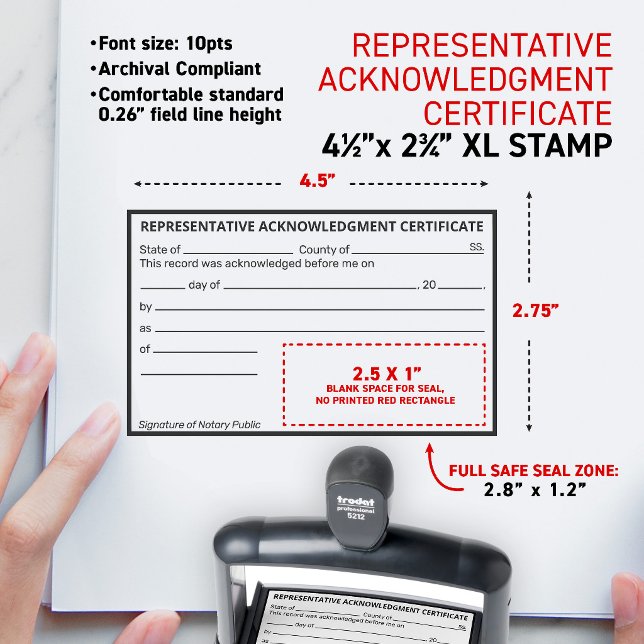 Notary Representative Acknowledgement Certificate Self-inking Stamp (Short form universal notary acknowledgment in a representative capacity XL self-inking stamp)