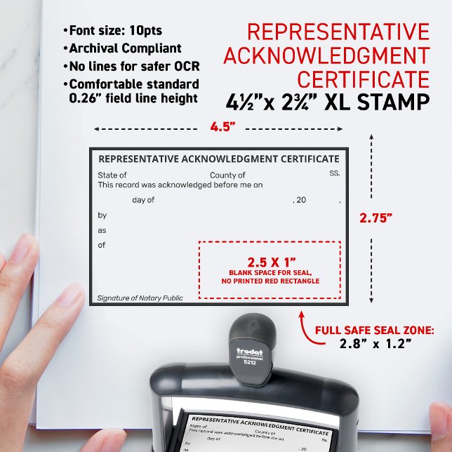Notary Representative Acknowledgement Certificate Self-inking Stamp (Short form universal notary acknowledgment in a representative capacity XL self-inking stamp)