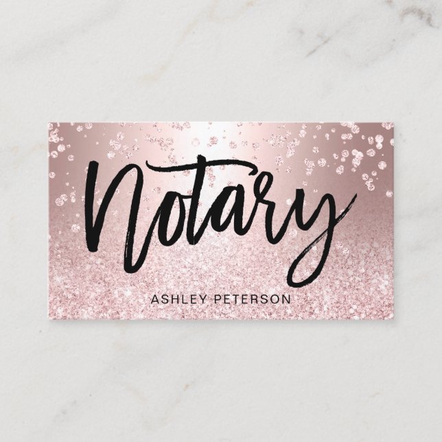 Notary rose gold glitter metallic sparkle confetti business card (Front)
