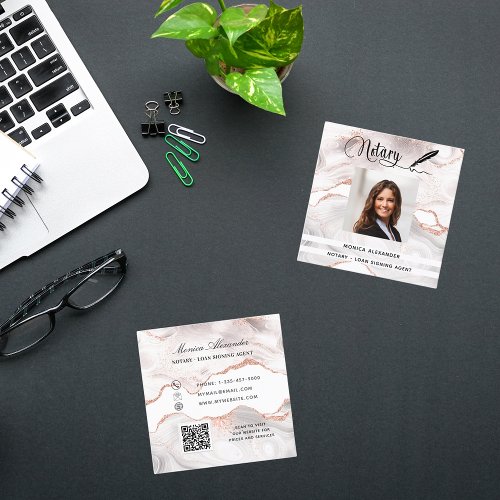 Notary rose gold photo QR code loan signing agent Square Business Card