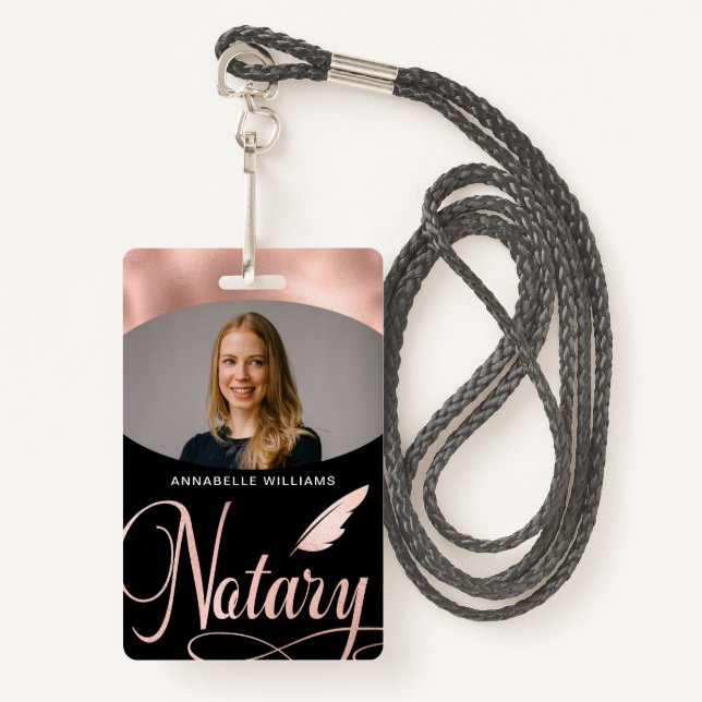 Notary Rose Gold Typography Photo Badge (Front with Lanyard)