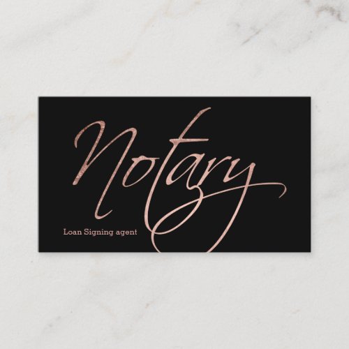 Notary script faux rose gold typography black business card