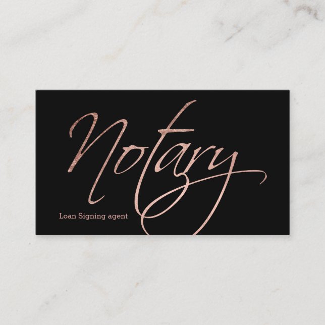 Notary script faux rose gold typography black business card (Front)