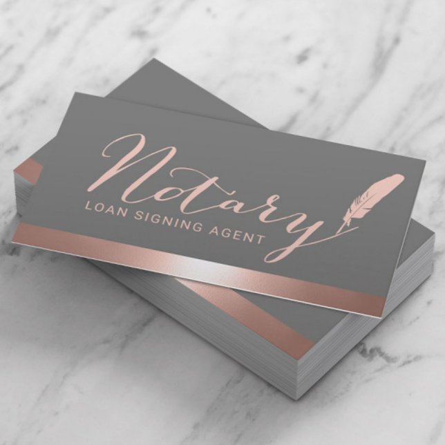 Notary Script Loan Signing Agent Rose Gold & Gray Business Card (Creator Uploaded)