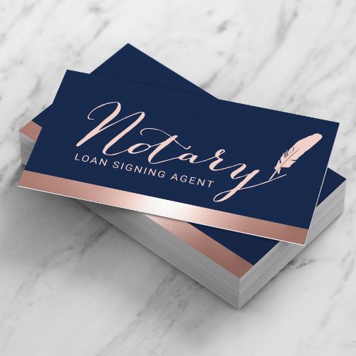 Notary Script Loan Signing Agent Rose Gold  Navy Business Card