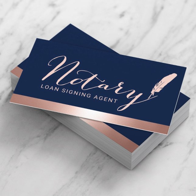 Notary Script Loan Signing Agent Rose Gold & Navy Business Card (Creator Uploaded)